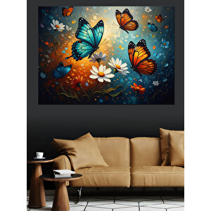 Mavi Kelebekler Ve Beyaz Çiçekler Dekoratif Kanvas - Mdf Ahşap Tablo 50x70 cm
