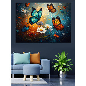Mavi Kelebekler Ve Beyaz Çiçekler Dekoratif Kanvas - Mdf Ahşap Tablo 50x70 cm