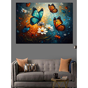 Mavi Kelebekler Ve Beyaz Çiçekler Dekoratif Kanvas - Mdf Ahşap Tablo 50x70 cm