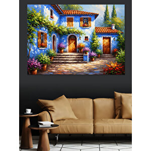 Beyaz Çiçekli Akdeniz Evi Manzarası Dekoratif Kanvas - Mdf Ahşap Tablo 50x70 cm