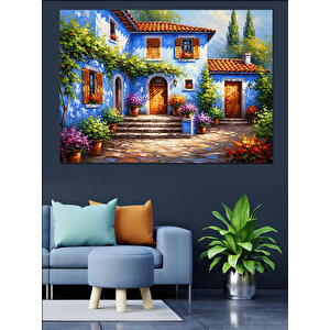 Beyaz Çiçekli Akdeniz Evi Manzarası Dekoratif Kanvas - Mdf Ahşap Tablo 50x70 cm