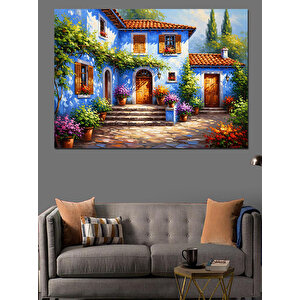 Beyaz Çiçekli Akdeniz Evi Manzarası Dekoratif Kanvas - Mdf Ahşap Tablo 50x70 cm