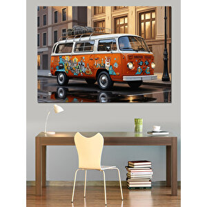 Çiçekli Nostaljik Minibüs Vosvos Tablosu Dekoratif Kanvas - Mdf Ahşap Tablo 100x140 cm