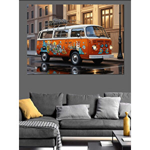 Çiçekli Nostaljik Minibüs Vosvos Tablosu Dekoratif Kanvas - Mdf Ahşap Tablo 100x140 cm
