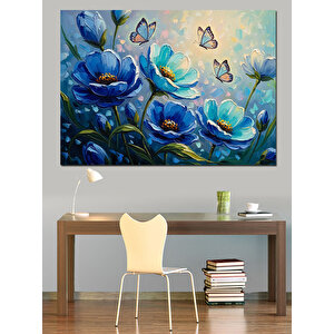 Mavi Çiçekler Ve Uçuşan Kelebekler Dekoratif Kanvas - Mdf Ahşap Tablo 100x140 cm