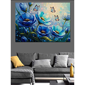 Mavi Çiçekler Ve Uçuşan Kelebekler Dekoratif Kanvas - Mdf Ahşap Tablo 100x140 cm