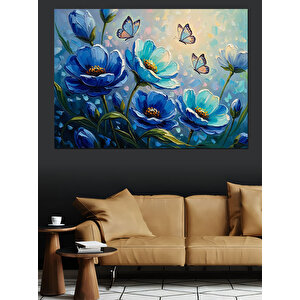 Mavi Çiçekler Ve Uçuşan Kelebekler Dekoratif Kanvas - Mdf Ahşap Tablo 100x140 cm