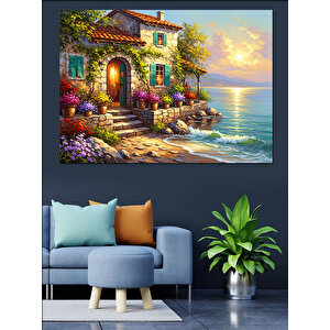 Deniz Kenarında Çiçekli Taş Ev Dekoratif Kanvas - Mdf Ahşap Tablo 100x140 cm