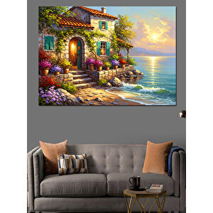 Deniz Kenarında Çiçekli Taş Ev Dekoratif Kanvas - Mdf Ahşap Tablo 100x140 cm