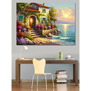 Deniz Kenarında Çiçekli Taş Ev Dekoratif Kanvas - Mdf Ahşap Tablo 100x140 cm