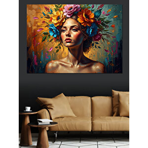 Renkli Çiçekli Modern Kadın Portresi Dekoratif Kanvas - Mdf Ahşap Tablo 100x140 cm