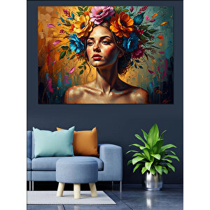 Renkli Çiçekli Modern Kadın Portresi Dekoratif Kanvas - Mdf Ahşap Tablo 100x140 cm