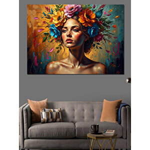 Renkli Çiçekli Modern Kadın Portresi Dekoratif Kanvas - Mdf Ahşap Tablo 100x140 cm