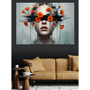 Gözleri Çiçekli Kadın Portresi Dekoratif Kanvas - Mdf Ahşap Tablo 70x100 cm
