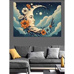Ay Işığında Çiçekli Kadın Portresi Dekoratif Kanvas - Mdf Ahşap Tablo 50x70 cm