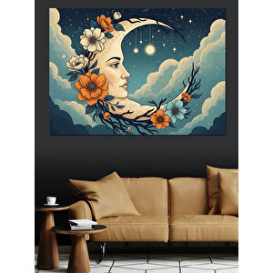 Ay Işığında Çiçekli Kadın Portresi Dekoratif Kanvas - Mdf Ahşap Tablo 50x70 cm