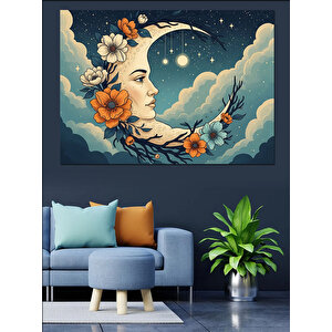 Ay Işığında Çiçekli Kadın Portresi Dekoratif Kanvas - Mdf Ahşap Tablo 50x70 cm
