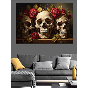 Çiçeklerle Süslenmiş Üçlü Kurukafa Dekoratif Kanvas - Mdf Ahşap Tablo 50x70 cm