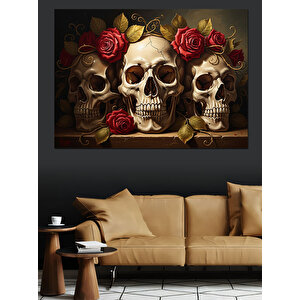 Çiçeklerle Süslenmiş Üçlü Kurukafa Dekoratif Kanvas - Mdf Ahşap Tablo 50x70 cm