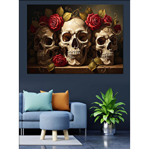 Çiçeklerle Süslenmiş Üçlü Kurukafa Dekoratif Kanvas - Mdf Ahşap Tablo 50x70 cm