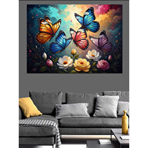 Çiçekler Arasında Uçuşan Renkli Kelebekler Dekoratif Kanvas - Mdf Ahşap Tablo 50x70 cm