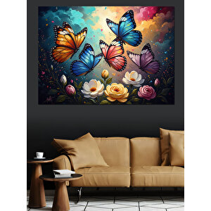 Çiçekler Arasında Uçuşan Renkli Kelebekler Dekoratif Kanvas - Mdf Ahşap Tablo 50x70 cm