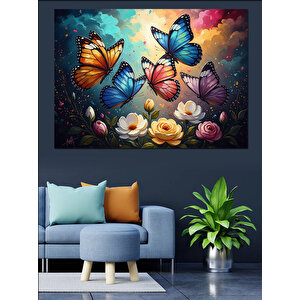 Çiçekler Arasında Uçuşan Renkli Kelebekler Dekoratif Kanvas - Mdf Ahşap Tablo 50x70 cm