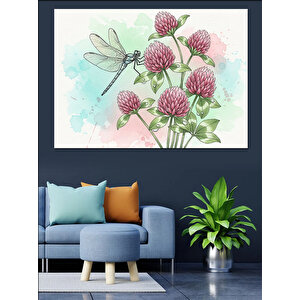 Pembe Çiçekler Ve Yusufçuk İllüstrasyonu Dekoratif Kanvas - Mdf Ahşap Tablo 70x100 cm