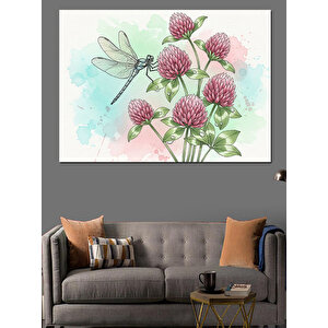 Pembe Çiçekler Ve Yusufçuk İllüstrasyonu Dekoratif Kanvas - Mdf Ahşap Tablo 70x100 cm