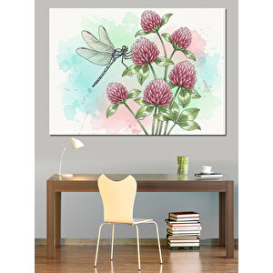 Pembe Çiçekler Ve Yusufçuk İllüstrasyonu Dekoratif Kanvas - Mdf Ahşap Tablo 70x100 cm
