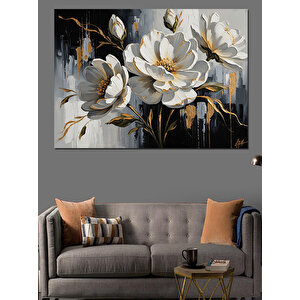 Gümüş Vazoda Beyaz Bahar Çiçekleri  Dekoratif Kanvas - Mdf Ahşap Tablo 100x140 cm