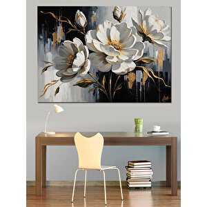 Gümüş Vazoda Beyaz Bahar Çiçekleri  Dekoratif Kanvas - Mdf Ahşap Tablo 100x140 cm