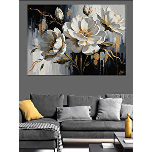 Gümüş Vazoda Beyaz Bahar Çiçekleri  Dekoratif Kanvas - Mdf Ahşap Tablo 100x140 cm