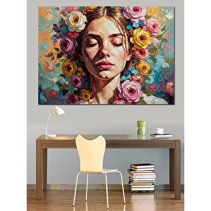 Çiçeklerle Süslü Kadın Portresi Tablosu Dekoratif Kanvas - Mdf Ahşap Tablo 70x100 cm