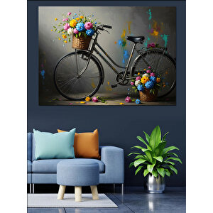 Bisiklet Sepetinde Renkli Çiçekler Tablosu Dekoratif Kanvas - Mdf Ahşap Tablo 50x70 cm