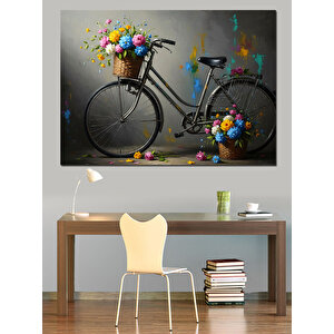 Bisiklet Sepetinde Renkli Çiçekler Tablosu Dekoratif Kanvas - Mdf Ahşap Tablo 50x70 cm