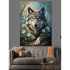 Çiçekler Arasında Gizlenen Kurt Dekoratif Kanvas - Mdf Ahşap Tablo 100x140 cm