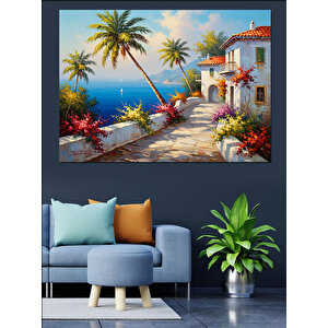 Akdeniz Kasabası Çiçekli Sokak Dekoratif Kanvas - Mdf Ahşap Tablo 70x100 cm
