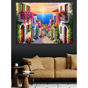 Çiçeklerle Süslü Romantik Avrupa Sokağı Dekoratif Kanvas - Mdf Ahşap Tablo 100x140 cm