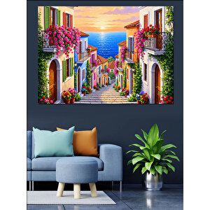 Çiçeklerle Süslü Romantik Avrupa Sokağı Dekoratif Kanvas - Mdf Ahşap Tablo 100x140 cm