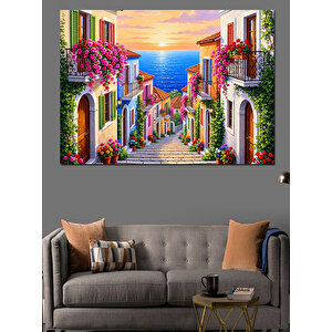 Çiçeklerle Süslü Romantik Avrupa Sokağı Dekoratif Kanvas - Mdf Ahşap Tablo 100x140 cm