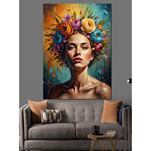 Başı Çiçeklerle Bezeli Kadın Portresi Dekoratif Kanvas - Mdf Ahşap Tablo 100x140 cm