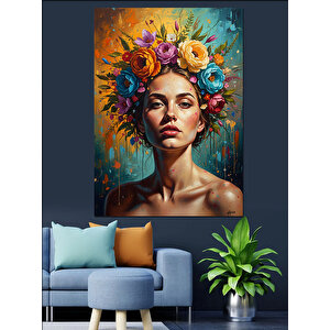 Başı Çiçeklerle Bezeli Kadın Portresi Dekoratif Kanvas - Mdf Ahşap Tablo 100x140 cm