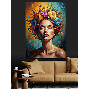 Başı Çiçeklerle Bezeli Kadın Portresi Dekoratif Kanvas - Mdf Ahşap Tablo 100x140 cm
