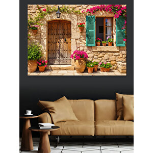 Çiçekli Kapı Önü Ve Kırsal Ev Dekoratif Kanvas - Mdf Ahşap Tablo 100x140 cm