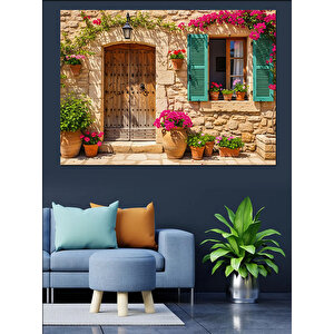 Çiçekli Kapı Önü Ve Kırsal Ev Dekoratif Kanvas - Mdf Ahşap Tablo 100x140 cm