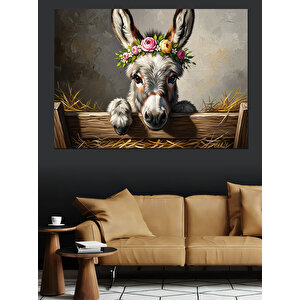 Başı Çiçekli Çitlerin Arkasındaki Eşek Dekoratif Kanvas - Mdf Ahşap Tablo 100x140 cm