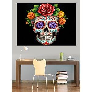 Çiçeklerle Süslü Renkli Gotik Kurukafa Dekoratif Kanvas - Mdf Ahşap Tablo 50x70 cm