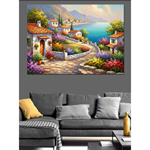 Sahil Kasabası Ve Çiçekli Balkonlar Dekoratif Kanvas - Mdf Ahşap Tablo 100x140 cm