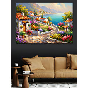 Sahil Kasabası Ve Çiçekli Balkonlar Dekoratif Kanvas - Mdf Ahşap Tablo 100x140 cm